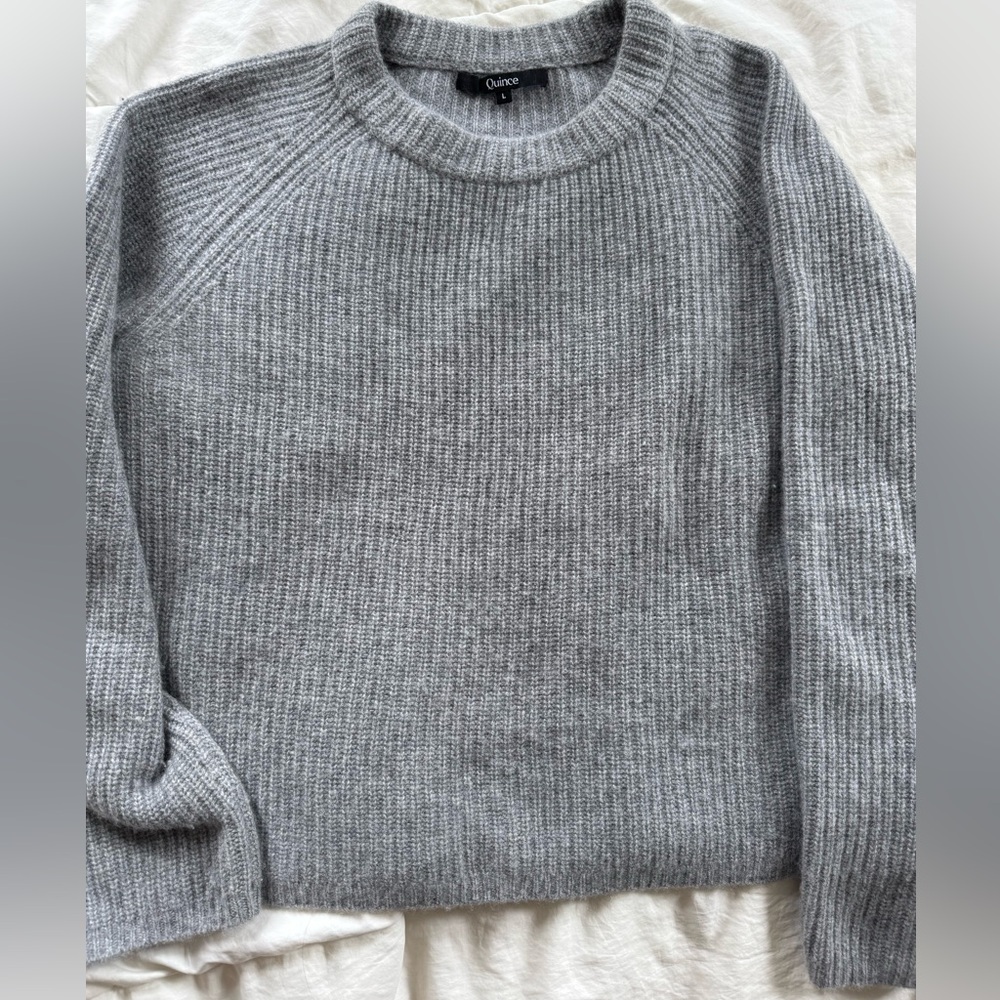 Quince Mongolian Cashmere Fisherman Crewneck Sweater, Grey, L - Picture 5 of 5